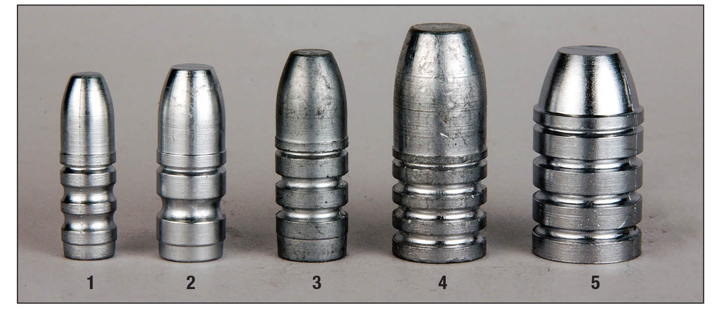 RCBS offers a line of flatnose bullet mould designs. From left: (1) .30-180FN, (2) .32-170FN, (3) .33-200FN, (4) .44-370FN and (5) 50-450FN. The first two digits are caliber and next three are bullet weights.